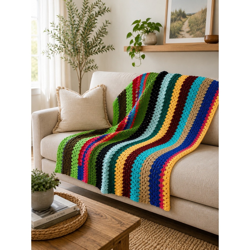 Handmade Crochet Throw Blanket Boho Striped Afghan Colorful 50x41 Lap Blanket